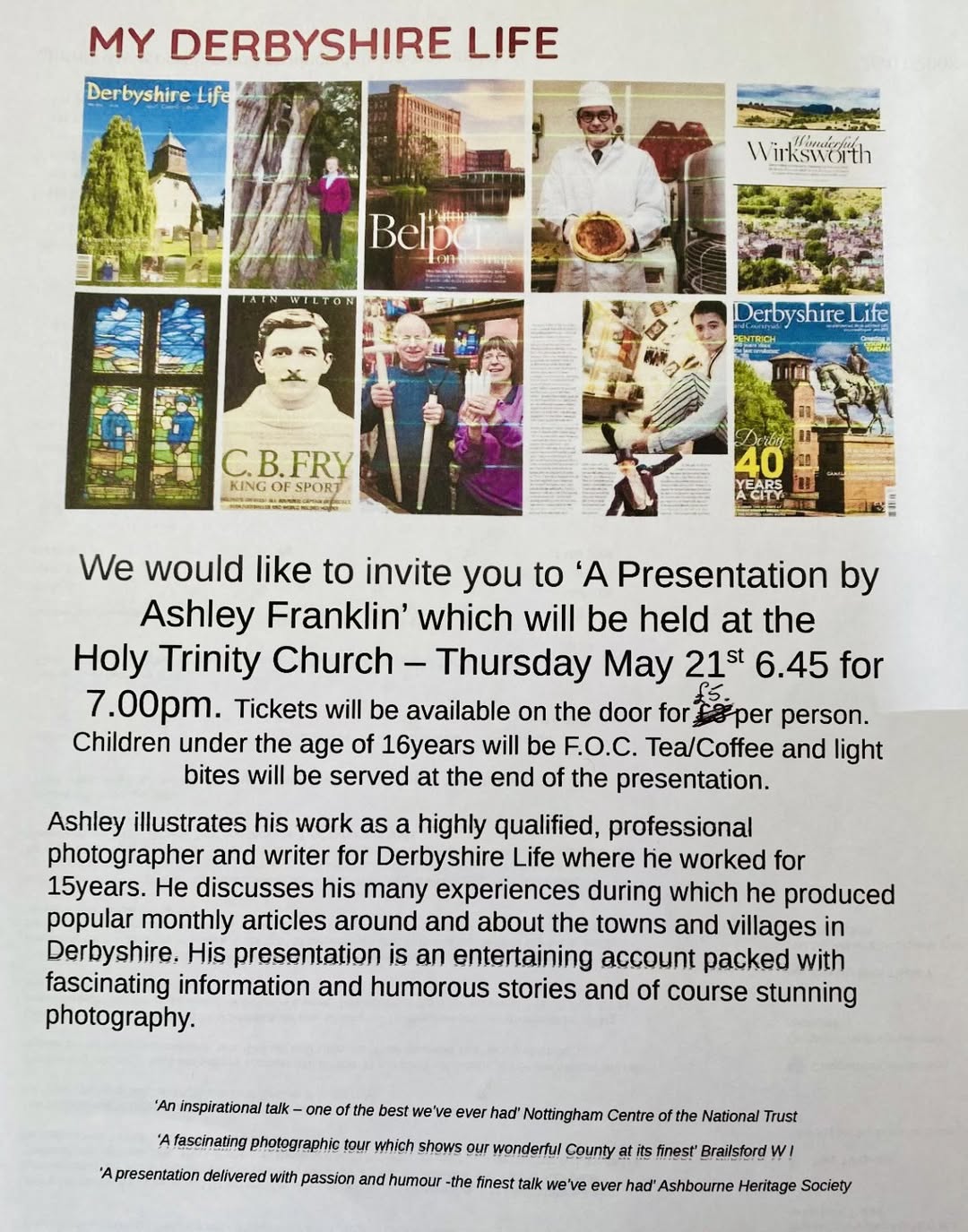 My Derbyshire Life. A talk by Ashley Franklin with photographs. At Holy Trinity Church, Middleton.